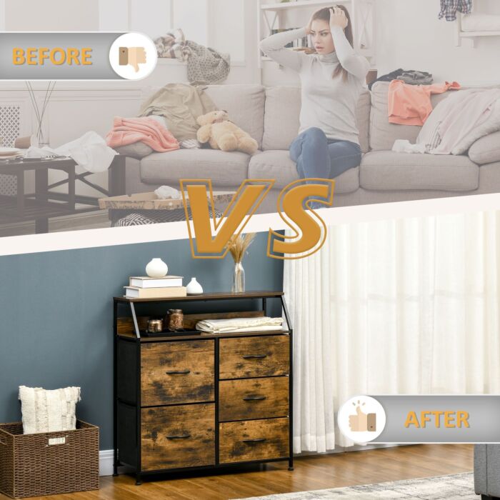 Homcom Bedroom Chest Of Drawers, Industrial 5 Fabric Drawer Dresser With Open Shelf, Rustic Brown