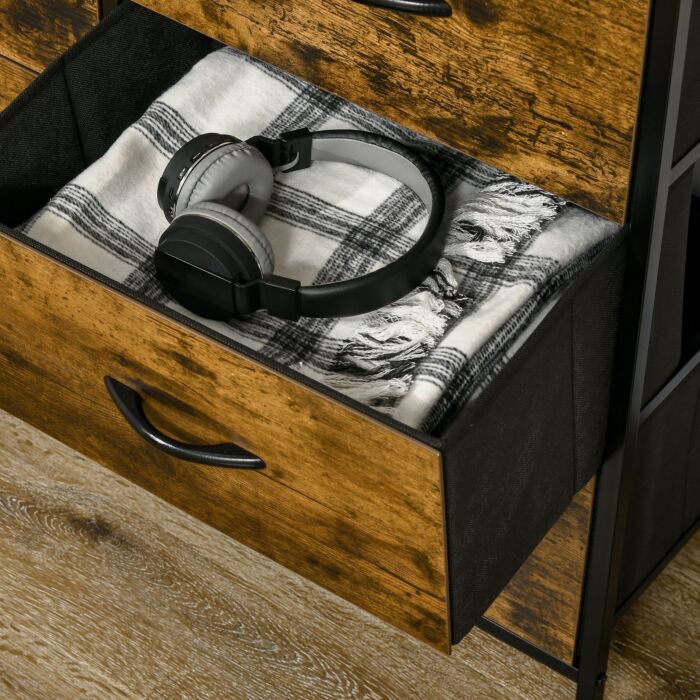 Homcom Bedroom Chest Of Drawers, Industrial 5 Fabric Drawer Dresser With Open Shelf, Rustic Brown