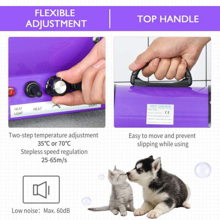 Pawhut 2800w Dog Hair Dryer Pet Grooming Blaster Water Blower Dryer W/ 3 Nozzles, Purple
