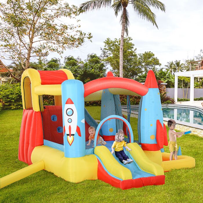 Outsunny Kids Bounce Castle House Inflatable Trampoline Slide Water Pool 3 In 1 With Blower For Kids Age 3-10 Rocket Design 3.3 X 2.65 X 1.85m