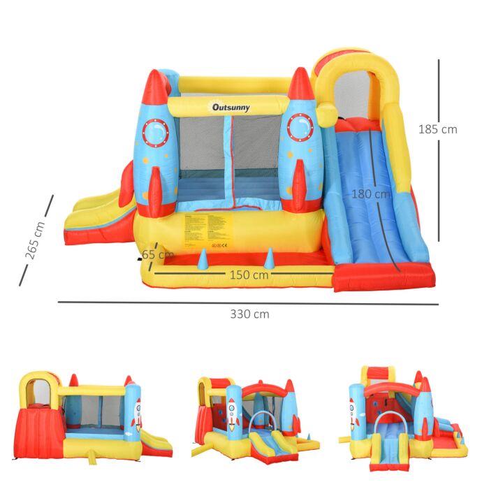 Outsunny Kids Bounce Castle House Inflatable Trampoline Slide Water Pool 3 In 1 With Blower For Kids Age 3-10 Rocket Design 3.3 X 2.65 X 1.85m
