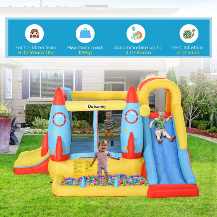 Outsunny Kids Bounce Castle House Inflatable Trampoline Slide Water Pool 3 In 1 With Blower For Kids Age 3-10 Rocket Design 3.3 X 2.65 X 1.85m