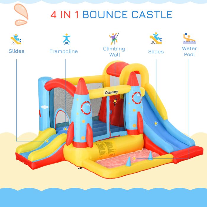 Outsunny Kids Bounce Castle House Inflatable Trampoline Slide Water Pool 3 In 1 With Blower For Kids Age 3-10 Rocket Design 3.3 X 2.65 X 1.85m