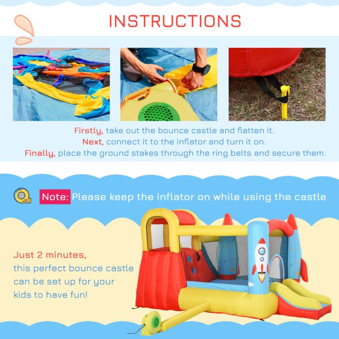 Outsunny Kids Bounce Castle House Inflatable Trampoline Slide Water Pool 3 In 1 With Blower For Kids Age 3-10 Rocket Design 3.3 X 2.65 X 1.85m