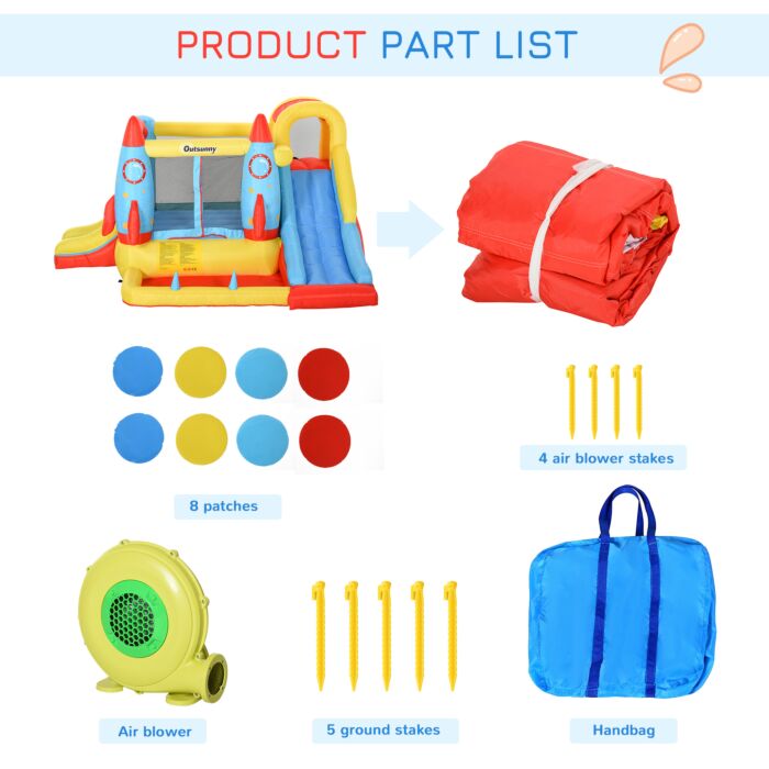 Outsunny Kids Bounce Castle House Inflatable Trampoline Slide Water Pool 3 In 1 With Blower For Kids Age 3-10 Rocket Design 3.3 X 2.65 X 1.85m