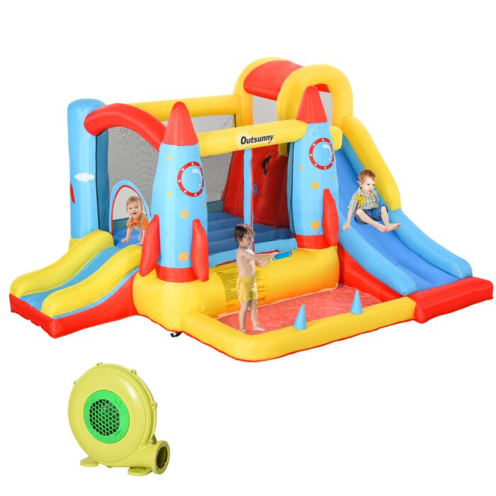 Outsunny Kids Bounce Castle House Inflatable Trampoline Slide Water Pool 3 In 1 With Blower For Kids Age 3-10 Rocket Design 3.3 X 2.65 X 1.85m