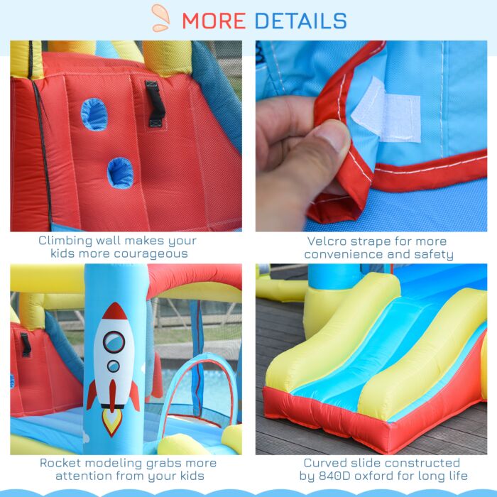 Outsunny Kids Bounce Castle House Inflatable Trampoline Slide Water Pool 3 In 1 With Blower For Kids Age 3-10 Rocket Design 3.3 X 2.65 X 1.85m