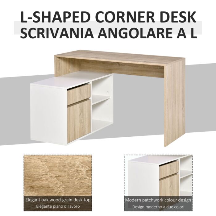 Homcom Corner Computer Desk L Shaped Desks Study Table Pc Work W/ Storage Shelf Drawer Office, Oak And White