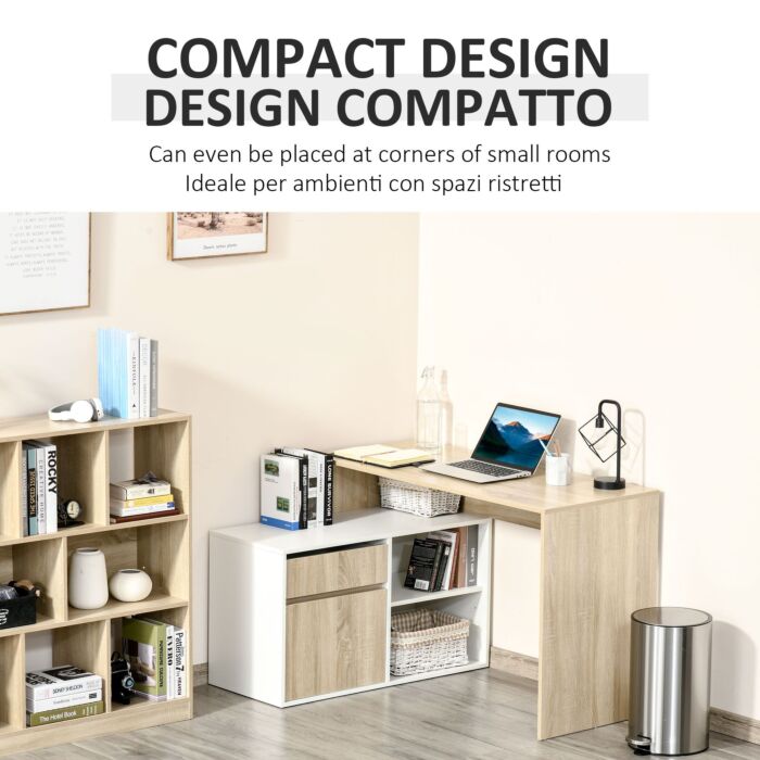 Homcom Corner Computer Desk L Shaped Desks Study Table Pc Work W/ Storage Shelf Drawer Office, Oak And White