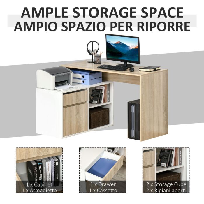 Homcom Corner Computer Desk L Shaped Desks Study Table Pc Work W/ Storage Shelf Drawer Office, Oak And White