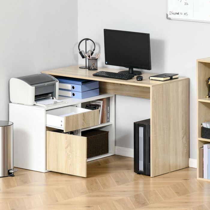Homcom Corner Computer Desk L Shaped Desks Study Table Pc Work W/ Storage Shelf Drawer Office, Oak And White