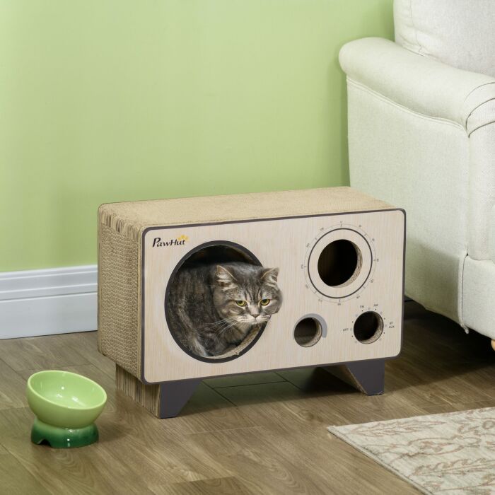 Pawhut 2 In 1 Cat Scratcher, Radio Shape Cat House With Catnip, 57 X 24.5 X 39cm, Natural Wood Finish
