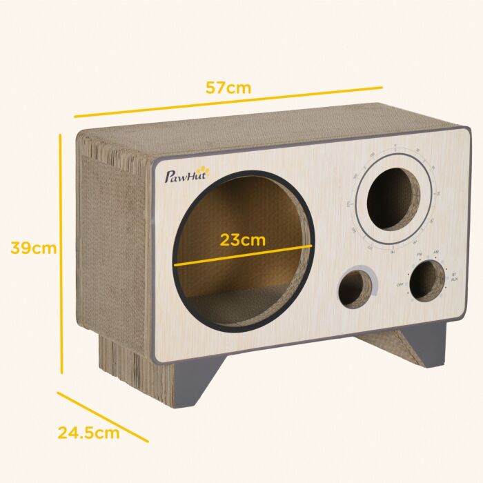 Pawhut 2 In 1 Cat Scratcher, Radio Shape Cat House With Catnip, 57 X 24.5 X 39cm, Natural Wood Finish