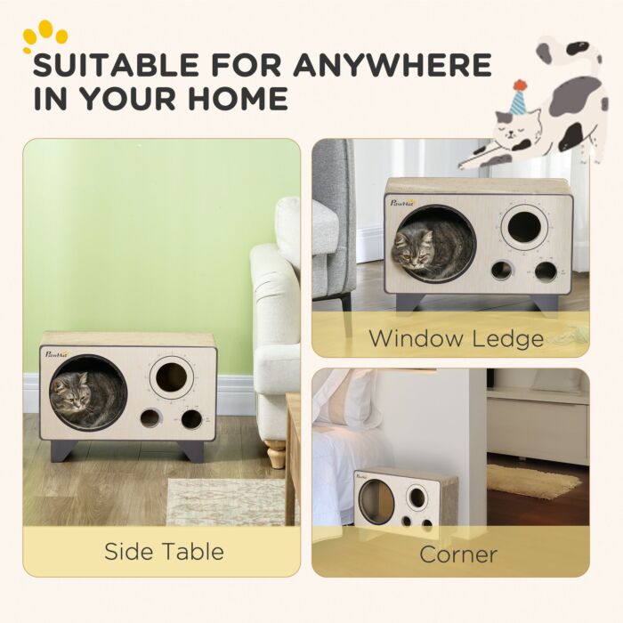 Pawhut 2 In 1 Cat Scratcher, Radio Shape Cat House With Catnip, 57 X 24.5 X 39cm, Natural Wood Finish