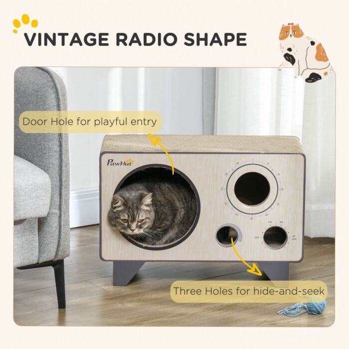 Pawhut 2 In 1 Cat Scratcher, Radio Shape Cat House With Catnip, 57 X 24.5 X 39cm, Natural Wood Finish