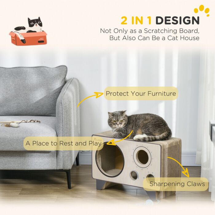 Pawhut 2 In 1 Cat Scratcher, Radio Shape Cat House With Catnip, 57 X 24.5 X 39cm, Natural Wood Finish