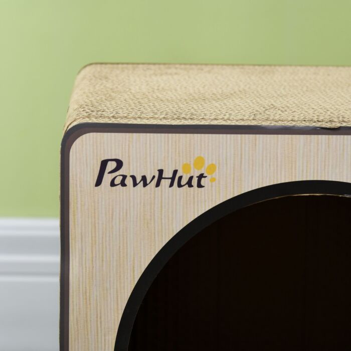 Pawhut 2 In 1 Cat Scratcher, Radio Shape Cat House With Catnip, 57 X 24.5 X 39cm, Natural Wood Finish