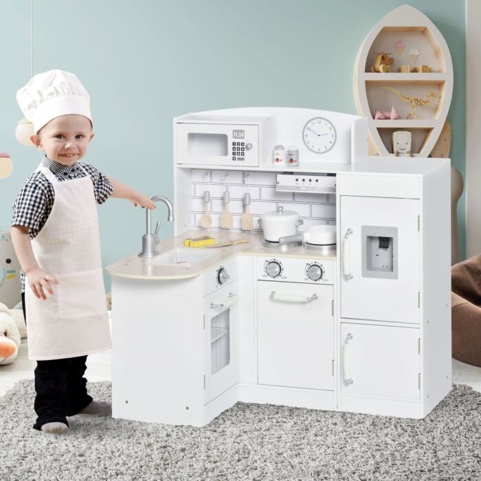 Homcom Kids Play Kitchen Wooden Toy Kitchen Cooking Set For Children With Drinking Fountain, Microwave, And Fridge White