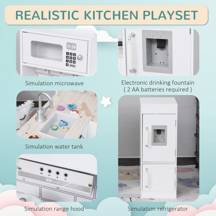 Homcom Kids Play Kitchen Wooden Toy Kitchen Cooking Set For Children With Drinking Fountain, Microwave, And Fridge White
