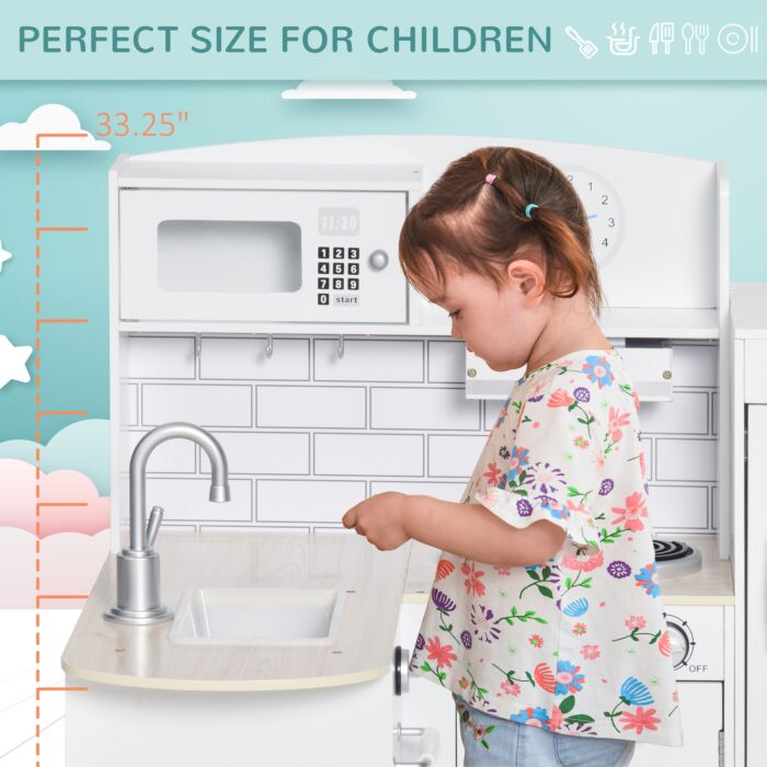 Homcom Kids Play Kitchen Wooden Toy Kitchen Cooking Set For Children With Drinking Fountain, Microwave, And Fridge White