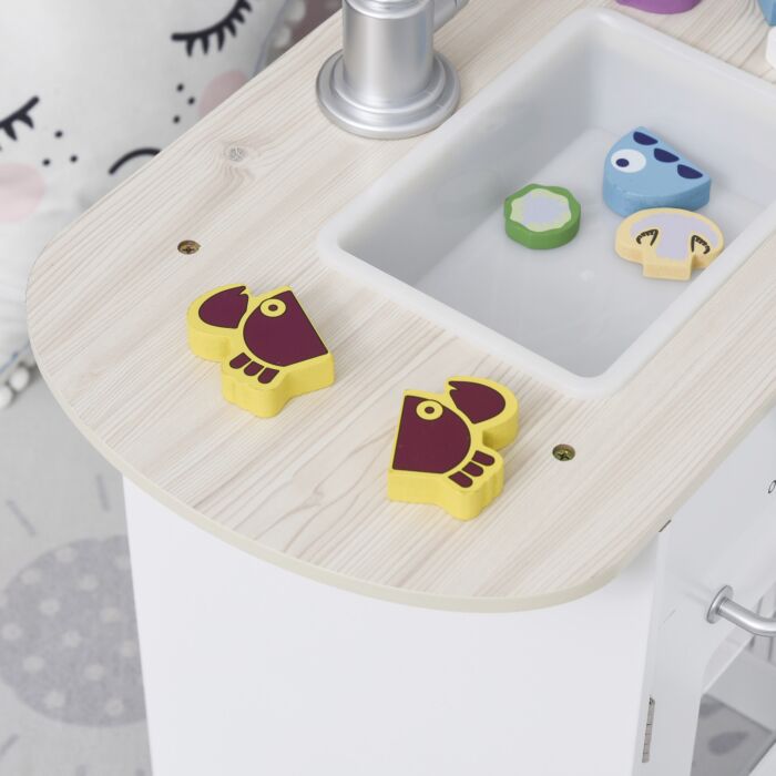 Homcom Kids Play Kitchen Wooden Toy Kitchen Cooking Set For Children With Drinking Fountain, Microwave, And Fridge White