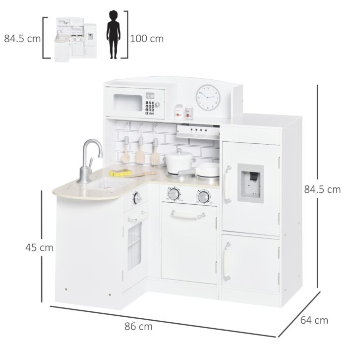 Homcom Kids Play Kitchen Wooden Toy Kitchen Cooking Set For Children With Drinking Fountain, Microwave, And Fridge White