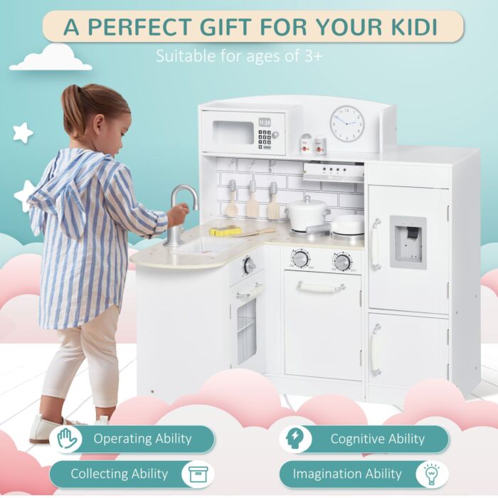 Homcom Kids Play Kitchen Wooden Toy Kitchen Cooking Set For Children With Drinking Fountain, Microwave, And Fridge White
