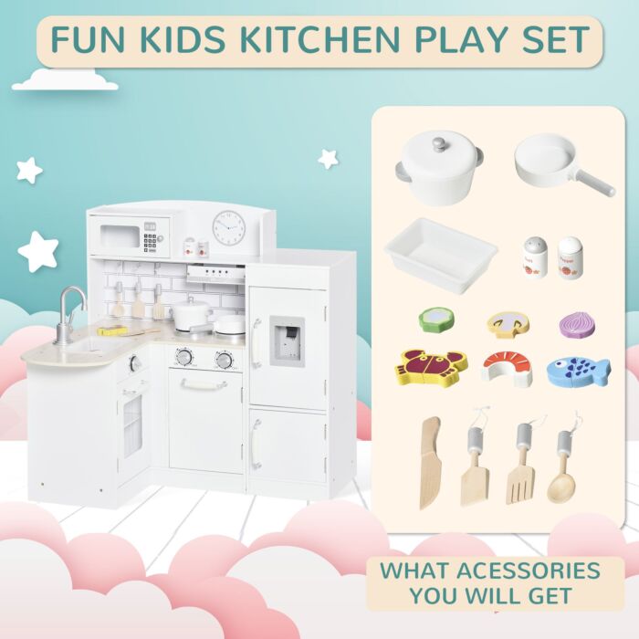 Homcom Kids Play Kitchen Wooden Toy Kitchen Cooking Set For Children With Drinking Fountain, Microwave, And Fridge White