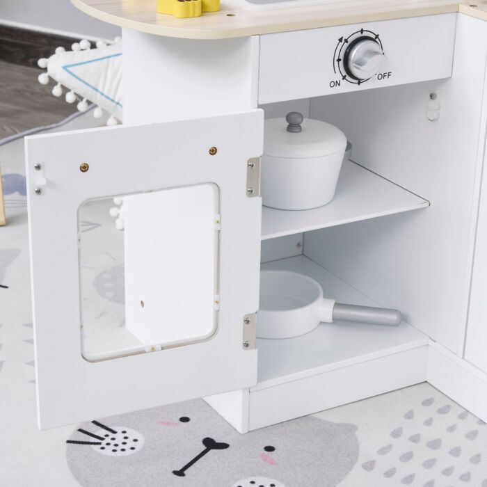 Homcom Kids Play Kitchen Wooden Toy Kitchen Cooking Set For Children With Drinking Fountain, Microwave, And Fridge White