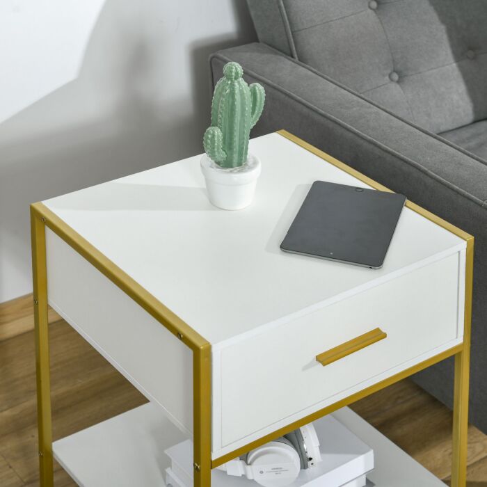 Homcom Bedside Table Set Of 2, Modern Side Table With Drawer And Shelf, Nightstand For Bedroom, White