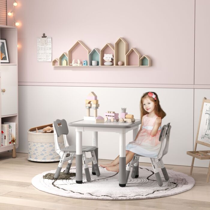 Aiyaplay Height Adjustable Toddler Table And Chair Set, 3 Pcs Children Activity Table W/ 2 Chairs, For Playroom, Bedroom - Grey