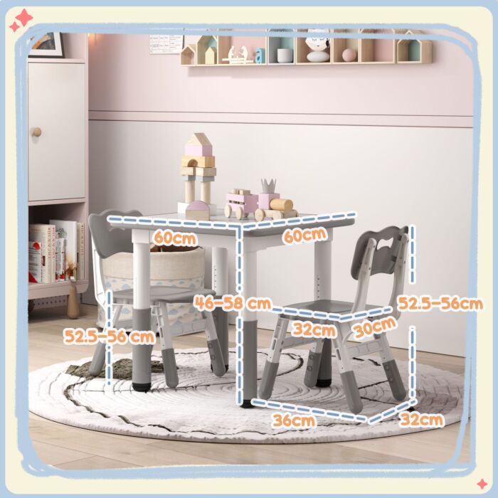 Aiyaplay Height Adjustable Toddler Table And Chair Set, 3 Pcs Children Activity Table W/ 2 Chairs, For Playroom, Bedroom - Grey