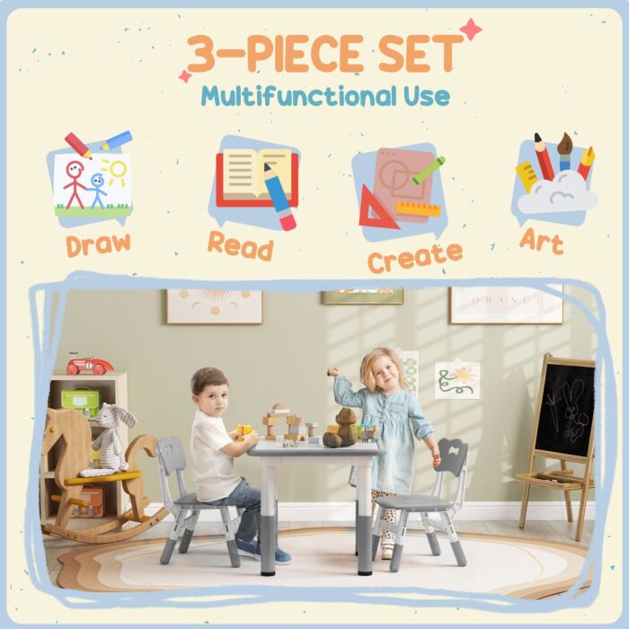 Aiyaplay Height Adjustable Toddler Table And Chair Set, 3 Pcs Children Activity Table W/ 2 Chairs, For Playroom, Bedroom - Grey