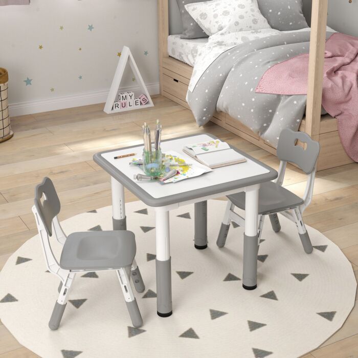 Aiyaplay Height Adjustable Toddler Table And Chair Set, 3 Pcs Children Activity Table W/ 2 Chairs, For Playroom, Bedroom - Grey