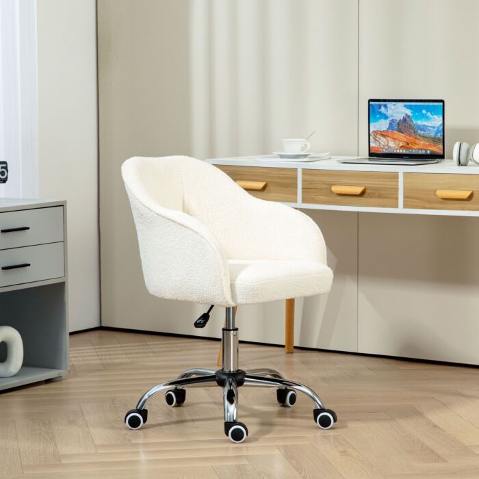 Homcom Computer Desk Chair, Fluffy Fabric Swivel Office Chair, Makeup Vanity Chair With Height Adjustable, Wheels, For Home Study Bedroom, Cream White