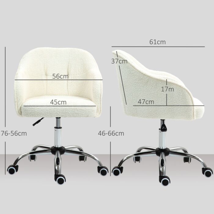 Homcom Computer Desk Chair, Fluffy Fabric Swivel Office Chair, Makeup Vanity Chair With Height Adjustable, Wheels, For Home Study Bedroom, Cream White