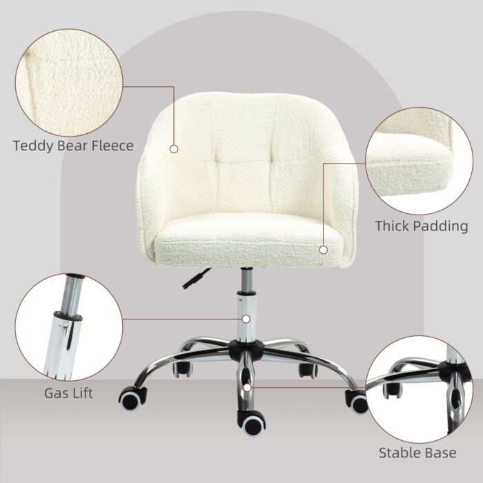 Homcom Computer Desk Chair, Fluffy Fabric Swivel Office Chair, Makeup Vanity Chair With Height Adjustable, Wheels, For Home Study Bedroom, Cream White