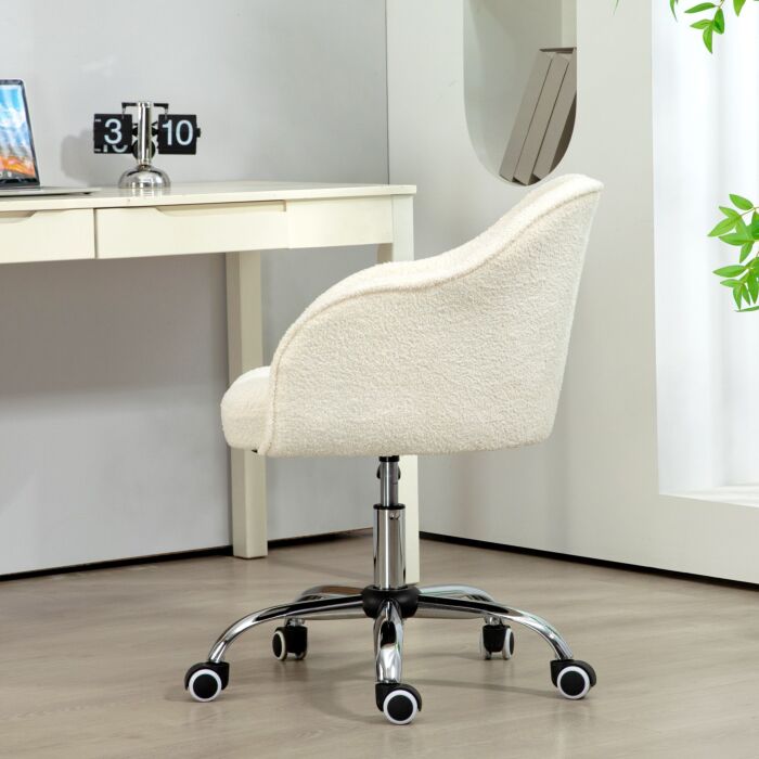 Homcom Computer Desk Chair, Fluffy Fabric Swivel Office Chair, Makeup Vanity Chair With Height Adjustable, Wheels, For Home Study Bedroom, Cream White