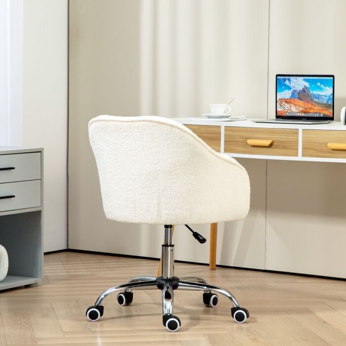 Homcom Computer Desk Chair, Fluffy Fabric Swivel Office Chair, Makeup Vanity Chair With Height Adjustable, Wheels, For Home Study Bedroom, Cream White