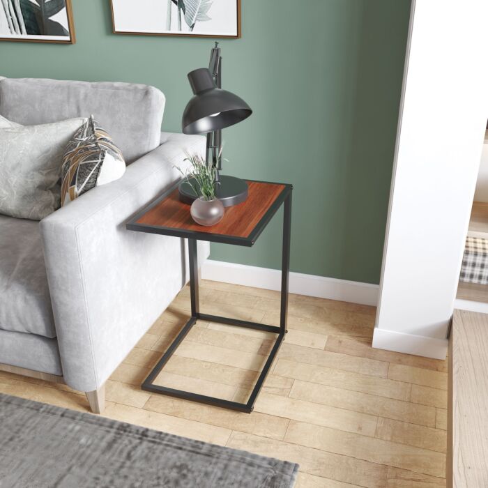 Homcom C-shaped Side Table, Sofa End Table With Metal Frame, Accent Couch Table, Walnut And Black