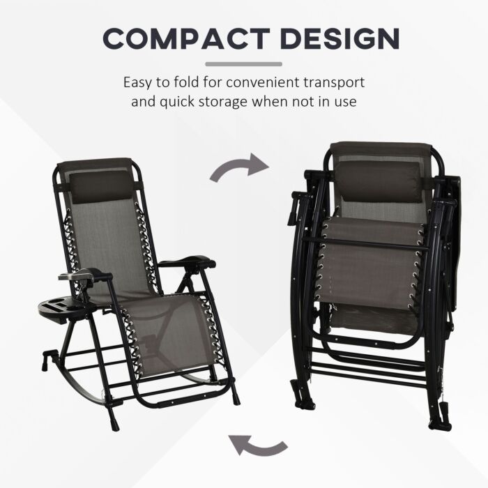 Outsunny Garden Rocking Chair Folding Recliner Outdoor Adjustable Sun Lounger Rocker Zero-gravity Seat With Headrest Side Holder Patio Deck - Grey
