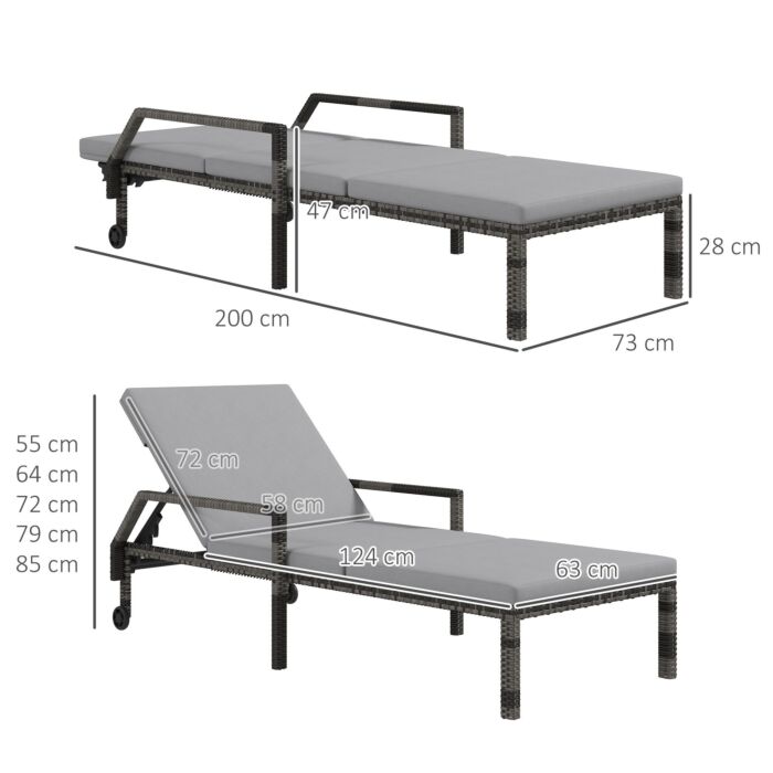 Outsunny Outdoor Pe Rattan Sun Lounger Set Of 2, Wicker Chaise Recliner Garden Chair With 5-level Adjustable Backrest And 2 Wheels, Grey