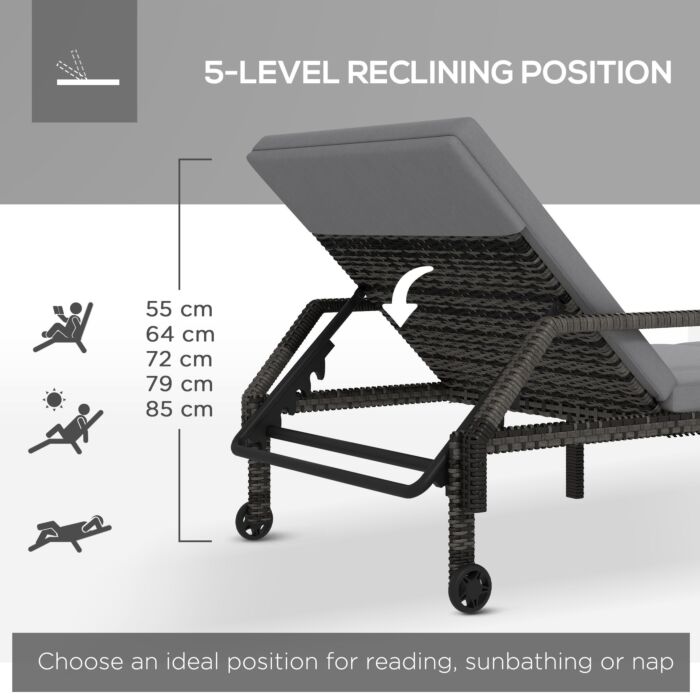 Outsunny Outdoor Pe Rattan Sun Lounger Set Of 2, Wicker Chaise Recliner Garden Chair With 5-level Adjustable Backrest And 2 Wheels, Grey