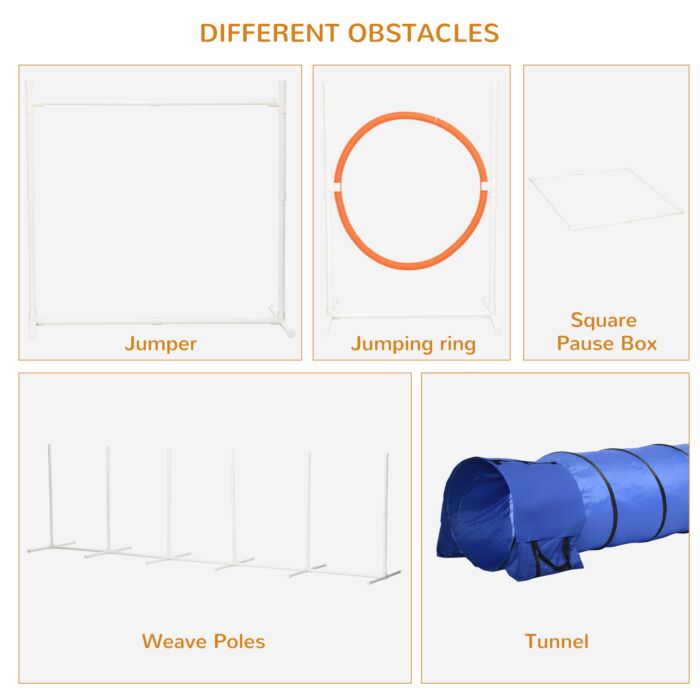 Pawhut 6-piece Dog Agility Equipment Set With 3(m) Long Tunnel & Canine Whistle, Pause Box, Jumps, Weave Poles, Multicolour