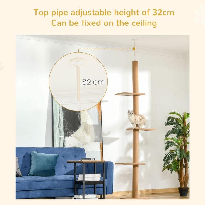 Pawhut 260cm Floor To Ceiling Cat Tree W/ 3 Perches Flannel Upholstery Kitten Pet Rest Sleep Activity Tower Home Furniture Brown