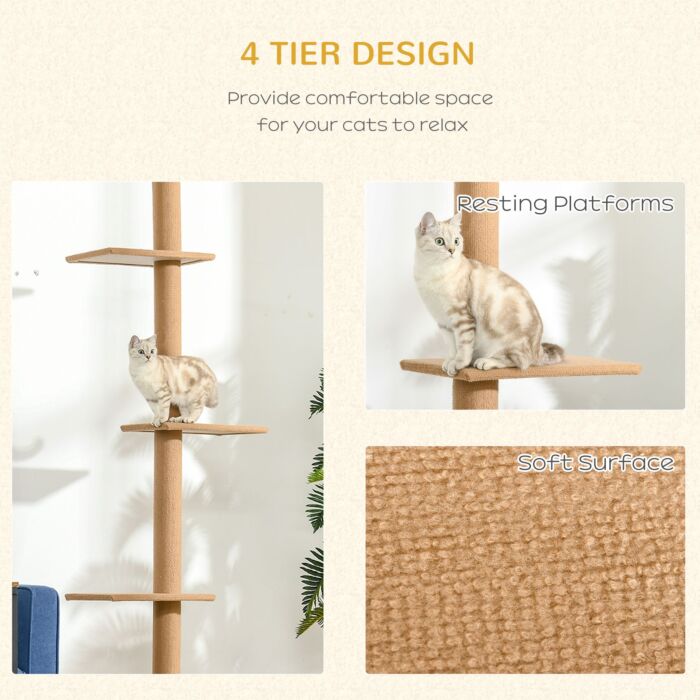 Pawhut 260cm Floor To Ceiling Cat Tree W/ 3 Perches Flannel Upholstery Kitten Pet Rest Sleep Activity Tower Home Furniture Brown