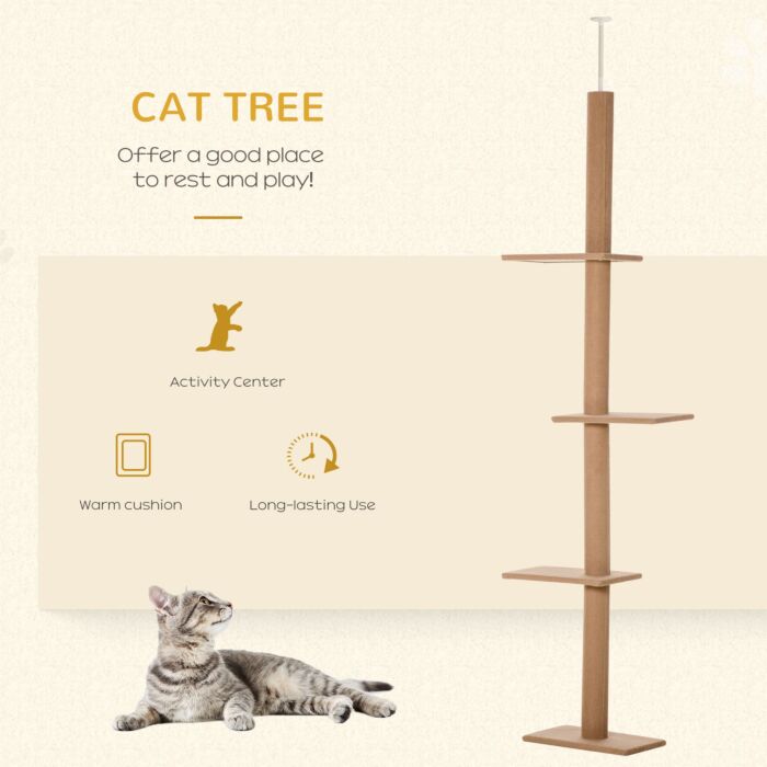 Pawhut 260cm Floor To Ceiling Cat Tree W/ 3 Perches Flannel Upholstery Kitten Pet Rest Sleep Activity Tower Home Furniture Brown