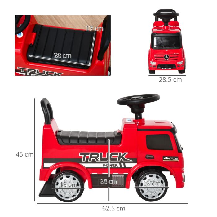 Homcom 3-in-1 Ride On Car Licensed Mercedes-benz Truck Stroller Toddler Under Seat Storage Handle Steering Wheel Horn For Baby 12 - 36 Months Red