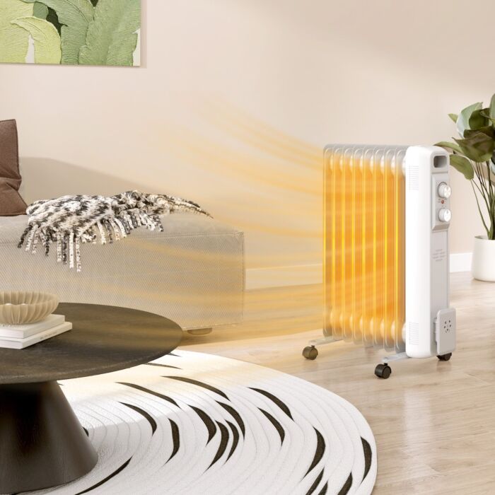 Homcom 2000w Quiet Oil Filled Radiator, 9 Fin Energy Efficient Portable Electric Heater With 3 Heat Settings, Adjustable Temperate, Safety Tip Over, Overheat Protection, Wheels, For Home, White