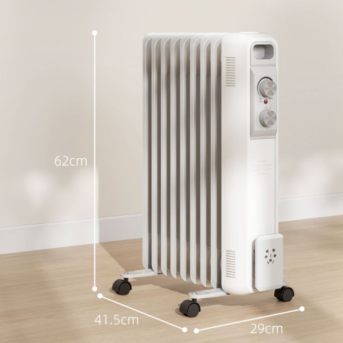 Homcom 2000w Quiet Oil Filled Radiator, 9 Fin Energy Efficient Portable Electric Heater With 3 Heat Settings, Adjustable Temperate, Safety Tip Over, Overheat Protection, Wheels, For Home, White